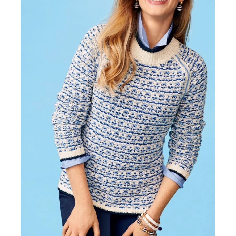 TALBOTS Womens' Blue & White Textured Stripe Mockneck Sweater Size L